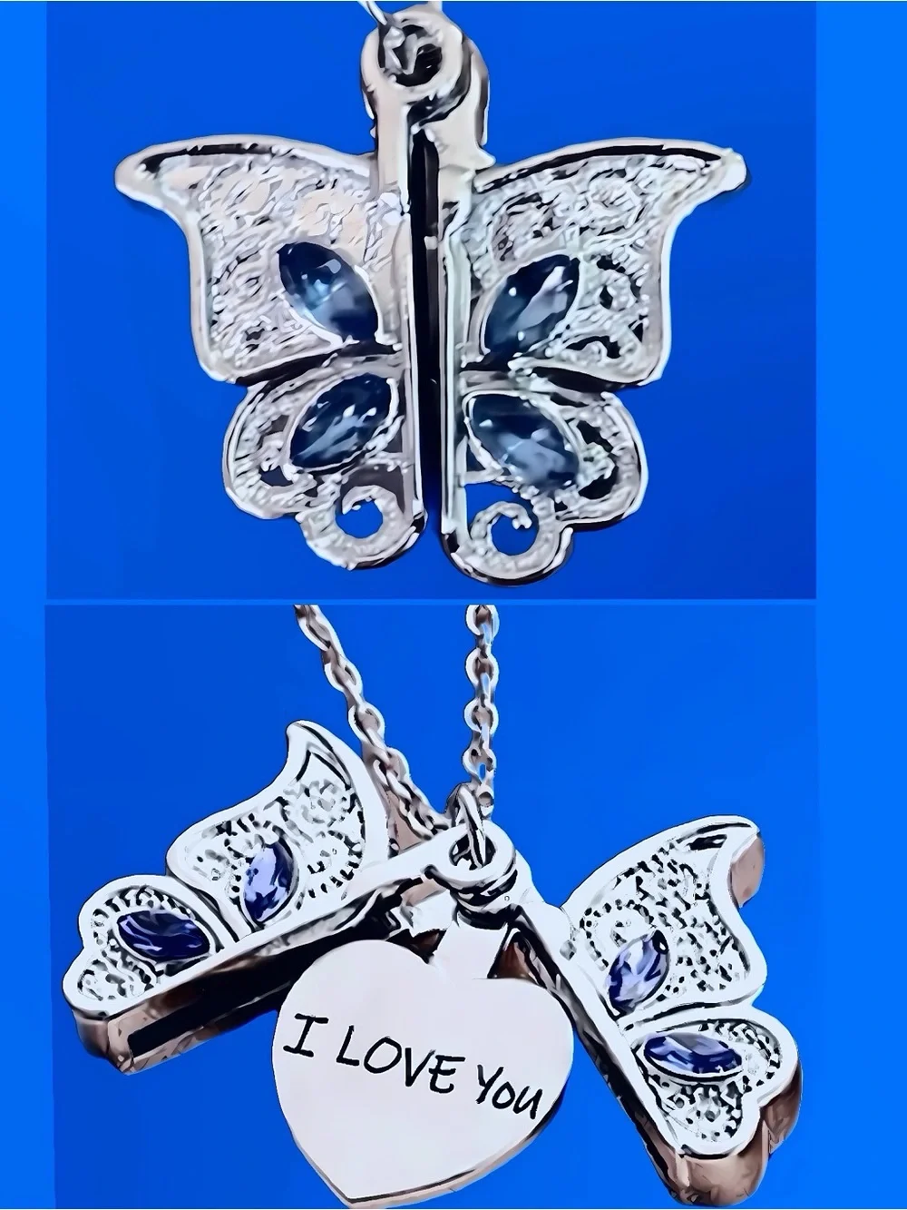 NWT Butterfly Wings Open To Show “I Love You” 🦋 Silver Necklace Summer Jewelry
